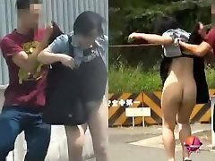 Black-haired homemade deep interracial ass Asian hoe flashes her bushy pussy during street sharking