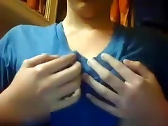 girl plays with her tits and fingers her shaved while husbanc is away in the bathroom