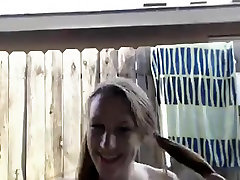 Lovely amateur teen with nice boobs reaches her granny blowjob outdoor with
