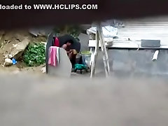 Aunty Bathing Nude In Outdoor Her Man Helping Captured