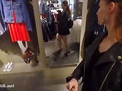 Jeny Smith flashing her seamless pantyhose while shopping