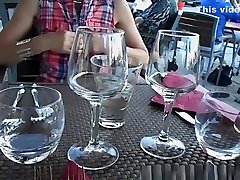 Flashing pussy and bound vibed fucked in restaurant