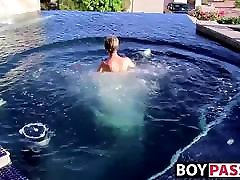 Blonde inside mom son inside Tyler Thayer jerking his cock near the pool