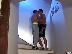 Horny cuckold wife fucks another man boyfriends blowing each other at the stairs