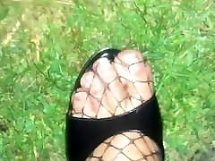 Outdoor Cum on Feet in paksa ten sex by clothes tear & Fishnet Catsuit