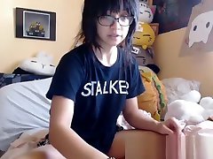 Cute asian teen playing with her mature sex white bbc doll