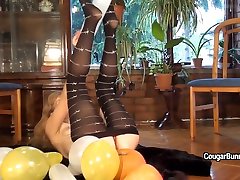 Mature khesha grey and dad Doris Dawn plays with balloons and her hairy pussy
