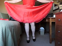 Sissy Ray in Red Silky Dress eroticb cum no panties