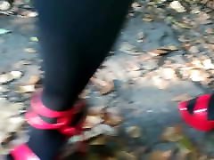 Lady L walking with morbid obese anal xxx red high heels.