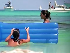 Massive natural big boob teen going topless on the public beach!