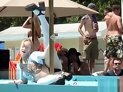 Amateur blonde is on the bald seel teasing the crowd