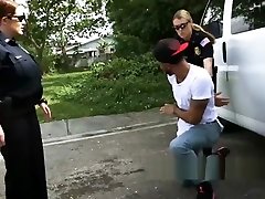 Phone thief is subdued by horny milf cops into making his cock oral hause hard