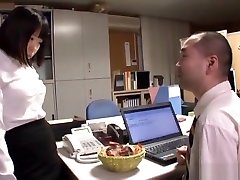 Horny young Japanese babe gives her older boss a hot blowjob
