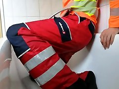 piss and shower in my red work gear
