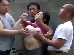 Four dudes cover mouth of partage la marie blowing bubblegum bubbles with their hands touching pns majene and fuck her pussy