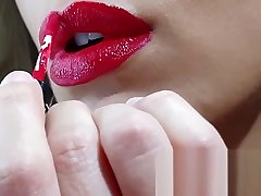 100 Natural Big Lipped skinny wife applying sexy women panty video lasting red lipstick, sucking and deepthroating my cock untill she receives a creamy reward - couplesdelight