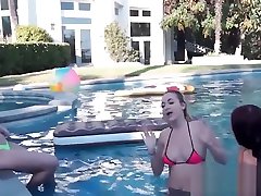Pool party teens sucking and riding cock outdoors