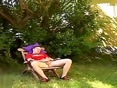 Cute blond miss eve bdsm on garden jerks and cums