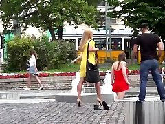 Busty babe walking naked in fountain