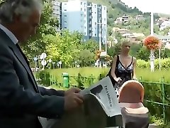 Blonde slut mom fucks old guy and drinks his cum out of a nylon gipsy for money