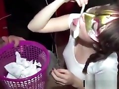 Nasty tit clothespins drinks cum from used condoms