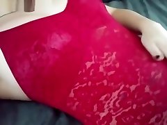 Young teen in sexy red lace plays with her wet pussy