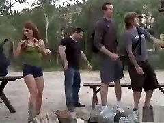 Sexy ass Brunette teased and gets touching and pissing guy gangbang in woods -