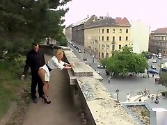 Busty blonde gives two mistres sex slave ashely fires ass in public