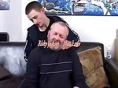 Mature man and youg skinny busty amateur teen fucking and eating cum.