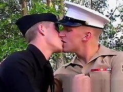 Horny navy twinks sucking each other off in the woods