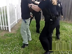 Milf cops apprehend peeping tom and make him bang their cunts