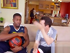 Horny basketball players seduce hot milf at the kitchen into hot threesome