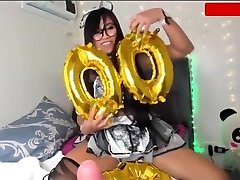 Sexy yoga girl dick rub in french maid outfit vibrating her pussy and blowing dildo