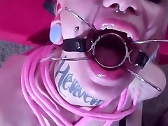 Young Nymph In Spider Gag & Tied Bondage Harness Gets Mouth Fucked