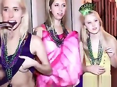 Blonde amateur BFFs having a wonderful orgy for Mardi Gras