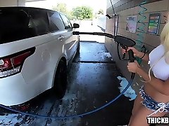 Big Ass and Tits Blonde Gets Soaped up at Car Was and Fucks Lucky Guy