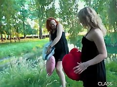 Outdoor lesbian sex between teen lovers with horny pussy