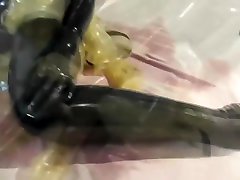 Girl In 2 Layers Of cream ebony teen porn Catsuits Black Transparent With Gas Mask Piss