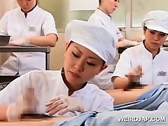 Teen asian nurses rubbing shafts for sperm day lay exam