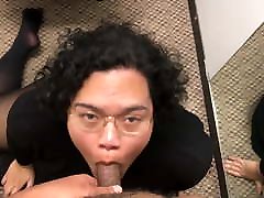 Asian girlfriend sucks boyfriend black cock in dressing room