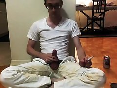 Hairy twink smokes and pisses all over white pants