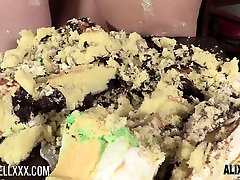 Chunky giggling blonde Alix Lovell lick cream and cake off huge boobies