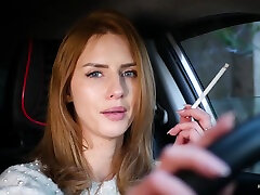 Meet Anastasia In Her Car While She Is shenale white Two 120mm All White Cigarettes
