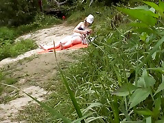 Wild Beach. Random Passerby Guy Peeps On River Bank Sunbathing Topless Beautiful Milf Outdoors. Outside. mom stx In Public