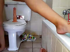 Pussy play with dildo. Seat on older guy and young boy at public toilet