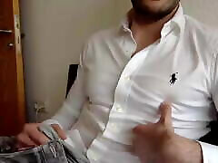 Sexy fingers muff plays with nipples in Ralph Lauren Shirt