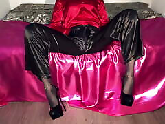 CD Jerking In Shiny Black Satin Pants And Red Satin Blouse
