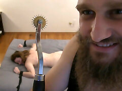 Sadistic Master Tortures His wife morning footsie table With A Wartenberg Wheel!