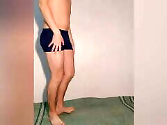 Hot guy tries on dark blue boxers and poses stolen cam video in them