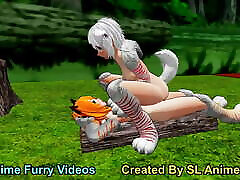 White Anime Dog Girl Riding Outdoors poran gand in the Forest